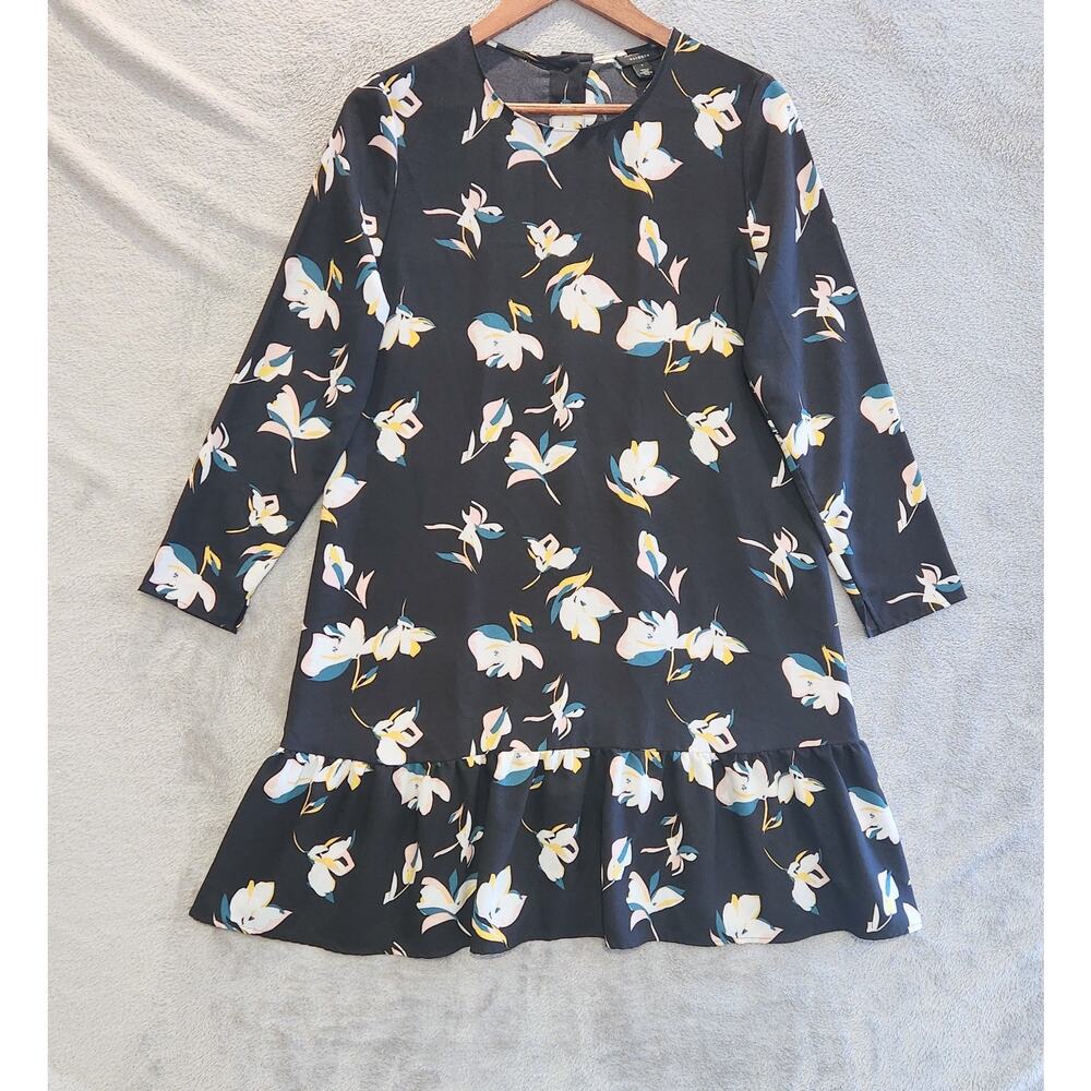 Halogen Womens Black Floral Button Back Ruffle Hem Mini Dress Size Small Flowy